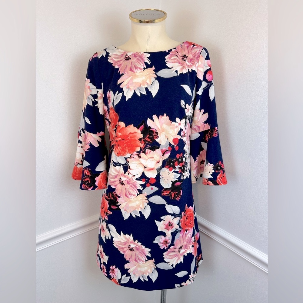 ELIZA J Navy & Pink Floral Dress Bell Sleeves | Size 8P